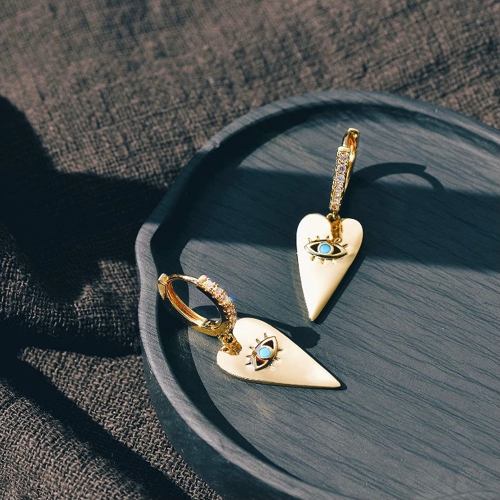 14K Gold Evil Eye Huggie Hoop Dangle Earrings